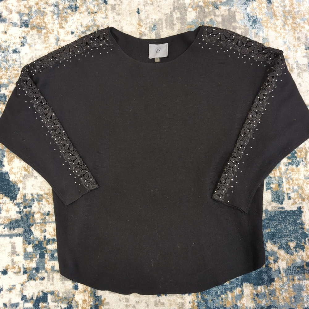 Liv Melano Black Embellished Long Sleeve Knit Sweater Lace Rhinestone W Size XL